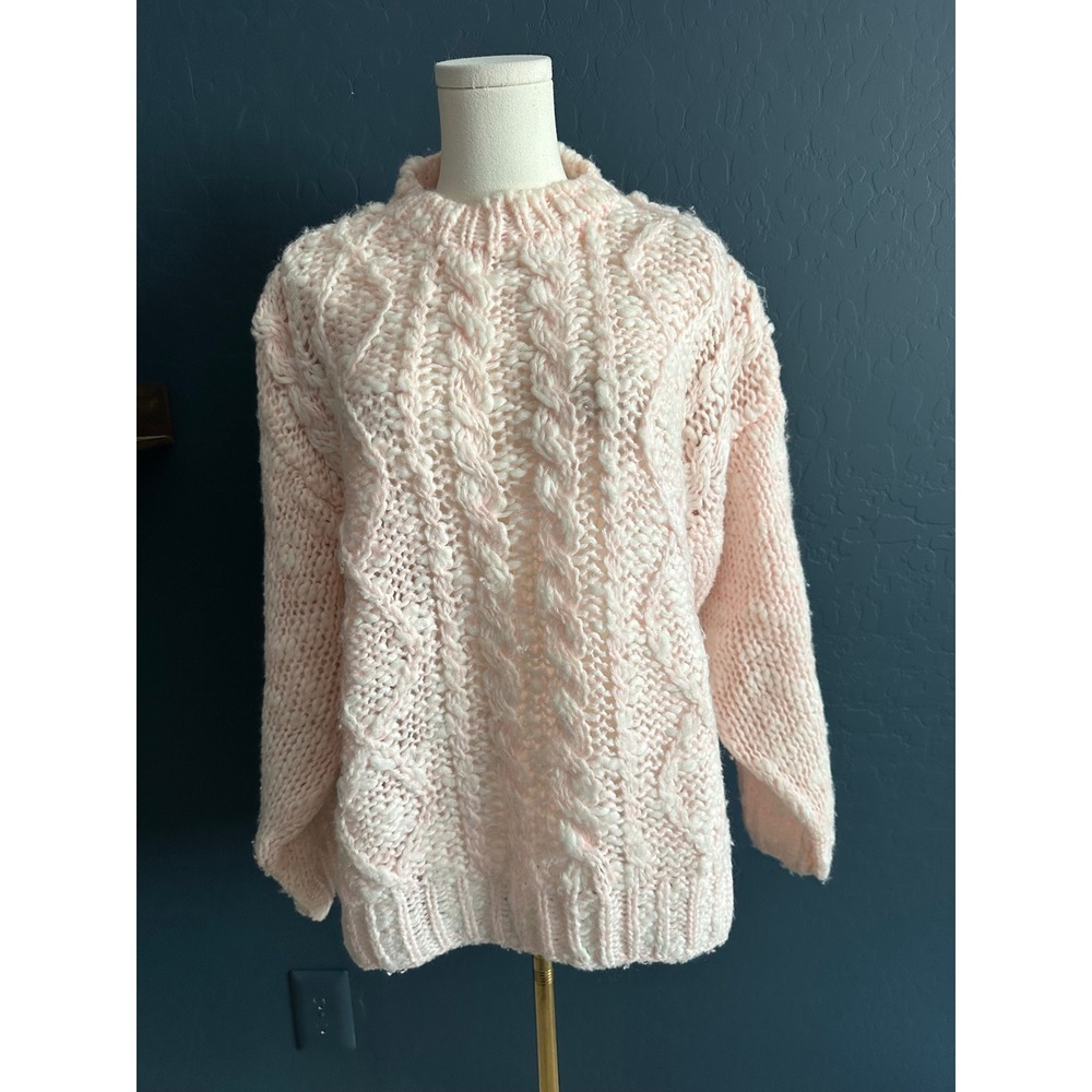 Vintage Lori Lynn‎ Hand Knit Chunky Cable Knit Sweater Pink Cream Small